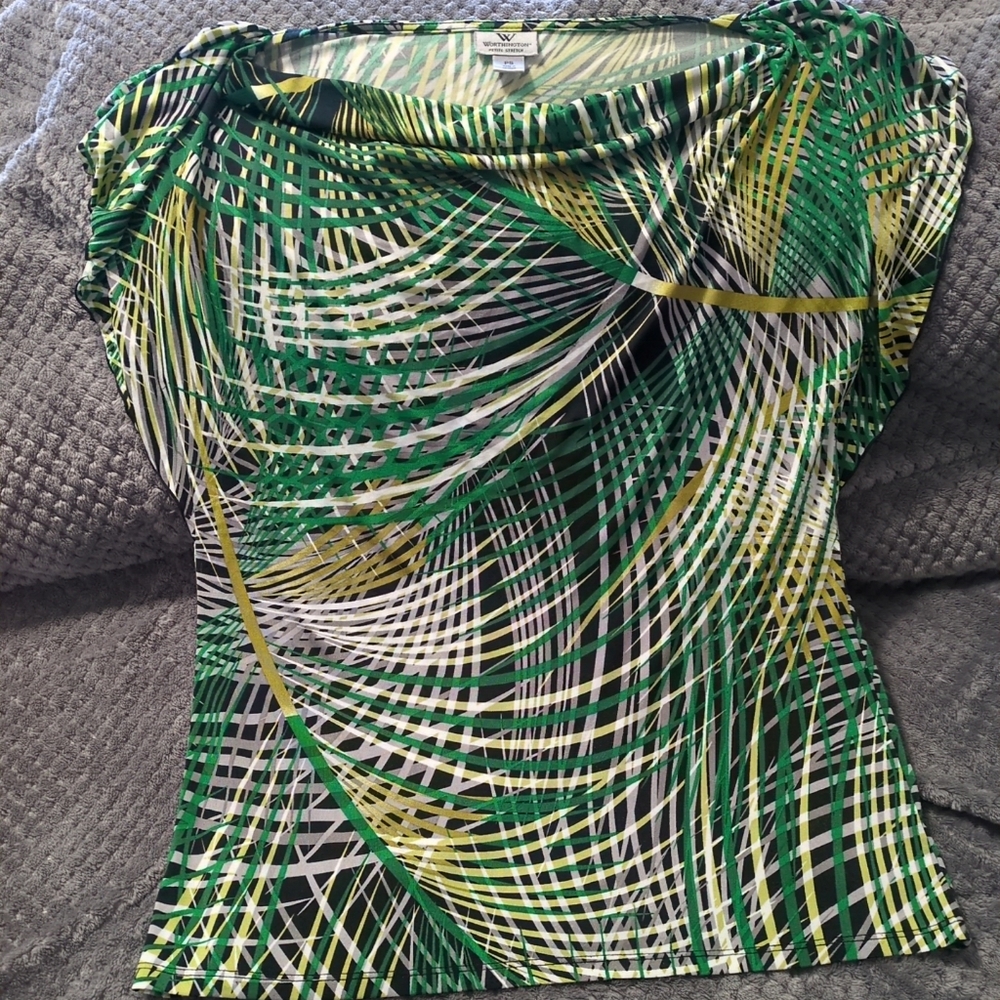 Worthington Top Womens PS Green Black  Short Cap Sleeve Casual Blouse
